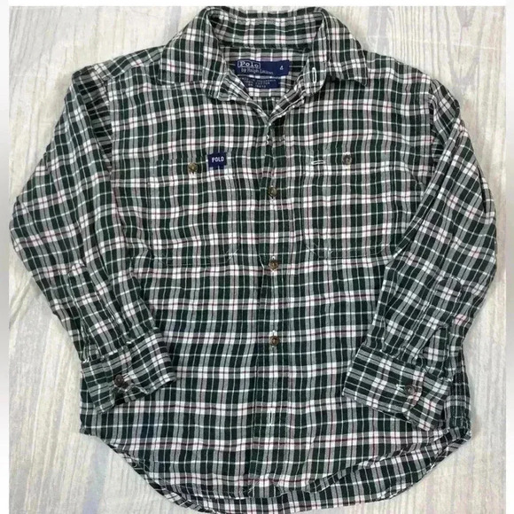 Ralph Lauren Boys 4 Kid GREEN RED Plaid LS Button Down Shirt 100% Cotton POLO - Picture 6 of 11
